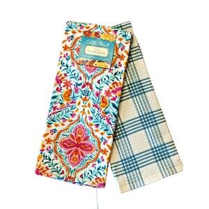 Pioneer Woman Folk Geo Floral Kitchen Towels Blue White Plaid 2-pc Cotton NEW